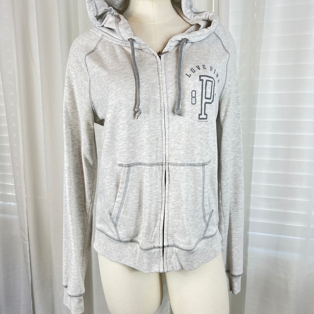 Victoria's Secret Love Pink Gray Zip Up Hoodie Sweatshirt Large Y2K 2000s Grunge